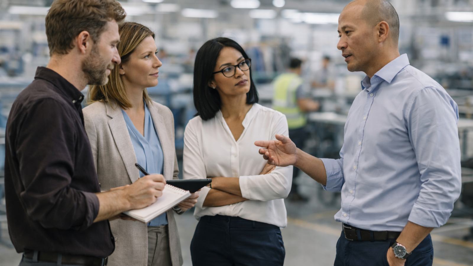 Industrial leadership discussion during a quality review in a manufacturing environment